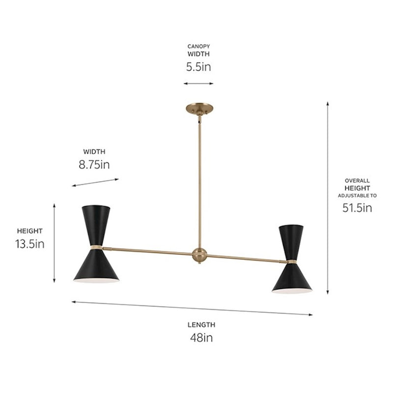 Kichler Phix 48in 4-Light Linear Chandelier | Mid-Century Modern Champagne Bronze and White Metal Shades | Kitchen Island & Dining | Model 52569CPZWH
