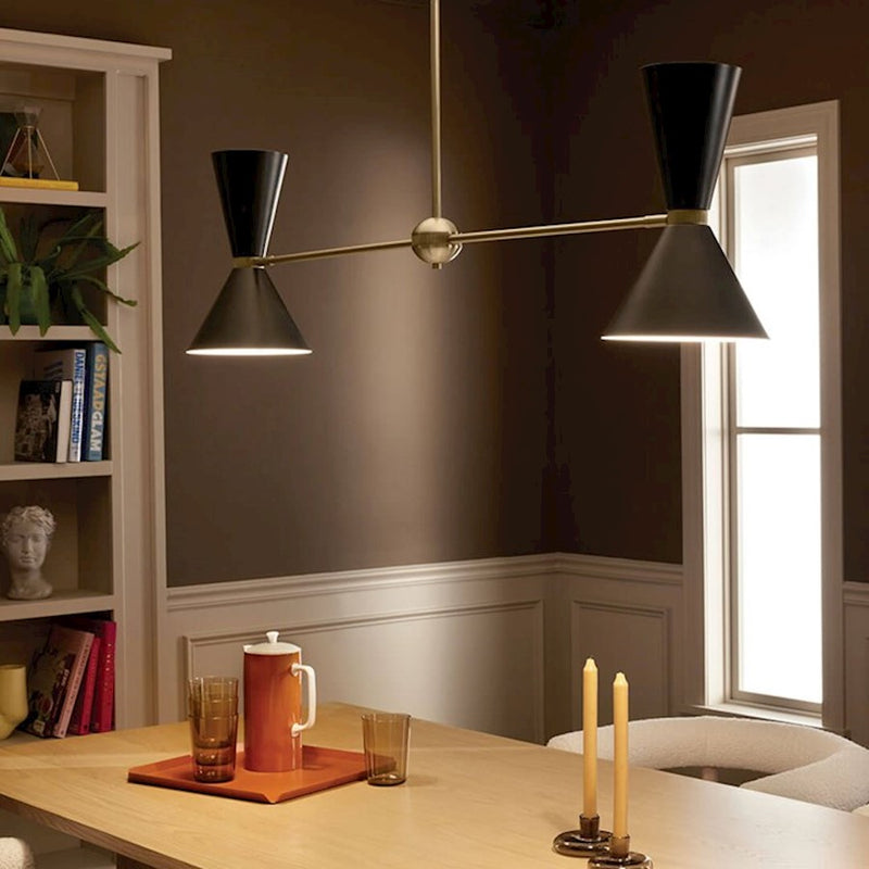 Kichler Phix 48in 4-Light Linear Chandelier | Mid-Century Modern Champagne Bronze and White Metal Shades | Kitchen Island & Dining | Model 52569CPZWH