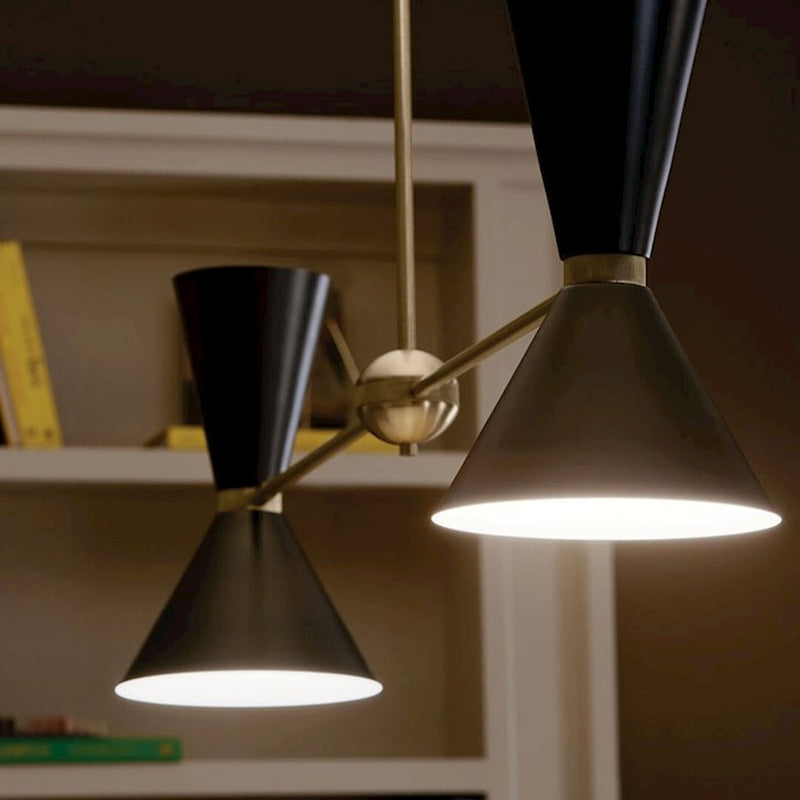 Kichler Phix 48in 4-Light Linear Chandelier | Mid-Century Modern Champagne Bronze and White Metal Shades | Kitchen Island & Dining | Model 52569CPZWH