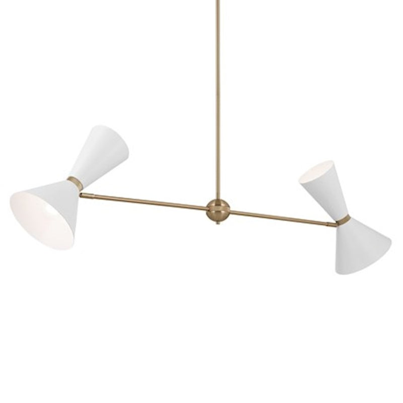 Kichler Phix 48in 4-Light Linear Chandelier | Mid-Century Modern Champagne Bronze and White Metal Shades | Kitchen Island & Dining | Model 52569CPZWH