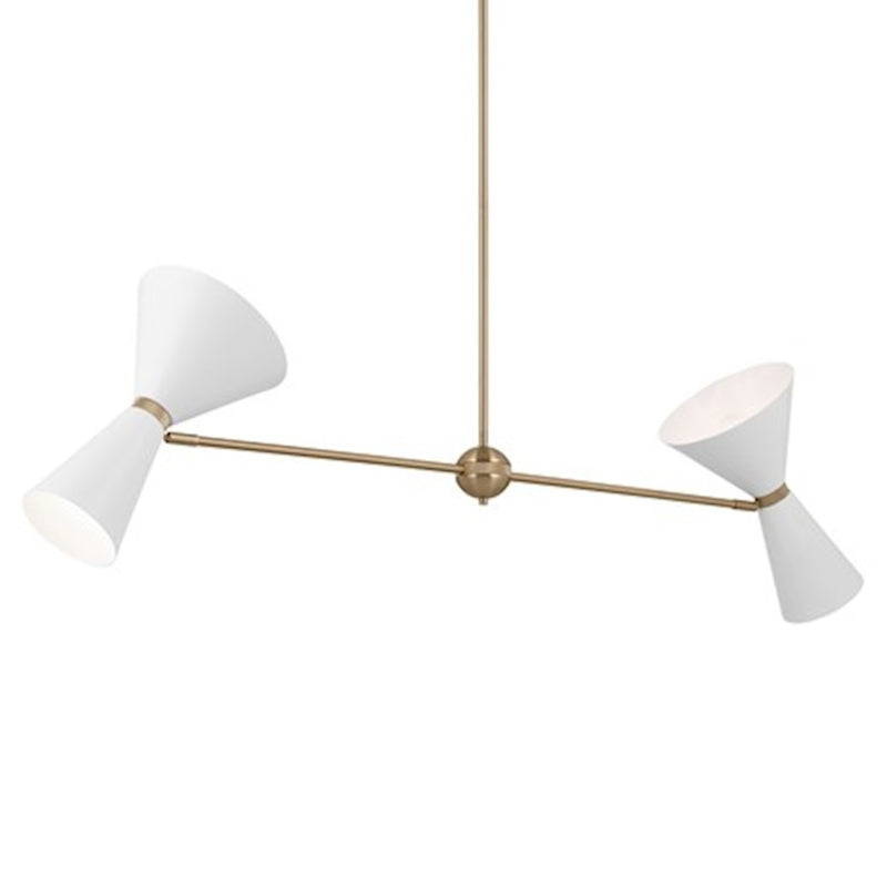 Kichler Phix 48in 4-Light Linear Chandelier | Mid-Century Modern Champagne Bronze and White Metal Shades | Kitchen Island & Dining | Model 52569CPZWH