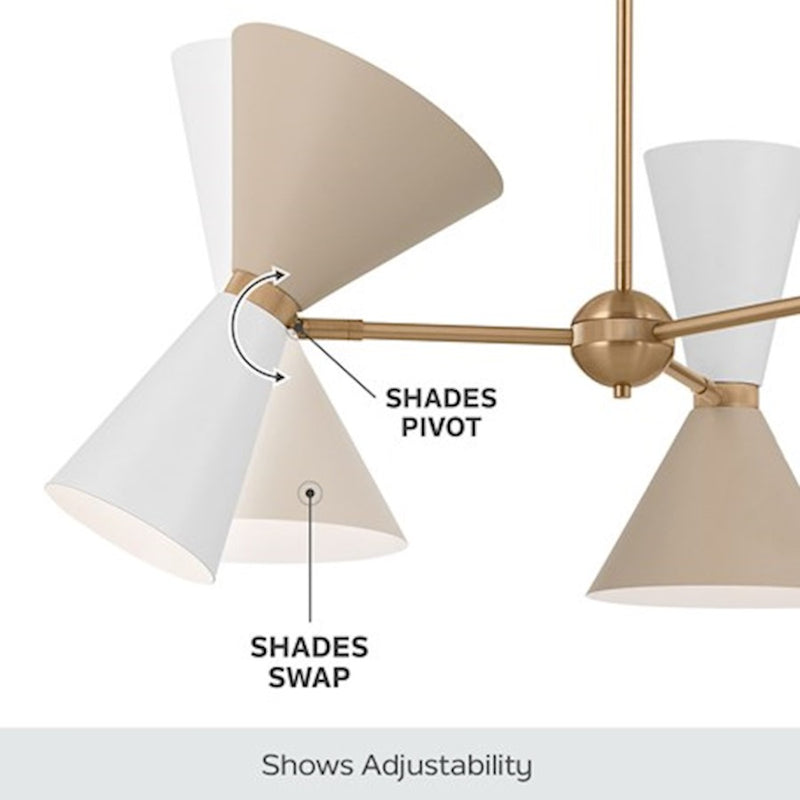 Kichler Phix 48in 4-Light Linear Chandelier | Mid-Century Modern Champagne Bronze and White Metal Shades | Kitchen Island & Dining | Model 52569CPZWH