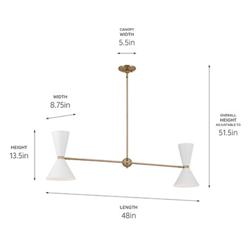 Kichler Phix 48in 4-Light Linear Chandelier | Mid-Century Modern Champagne Bronze and White Metal Shades | Kitchen Island & Dining | Model 52569CPZWH