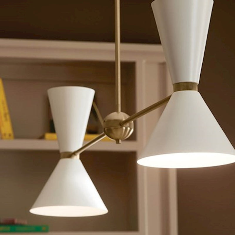 Kichler Phix 48in 4-Light Linear Chandelier | Mid-Century Modern Champagne Bronze and White Metal Shades | Kitchen Island & Dining | Model 52569CPZWH