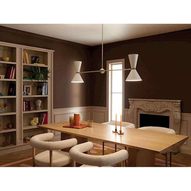 Kichler Phix 48in 4-Light Linear Chandelier | Mid-Century Modern Champagne Bronze and White Metal Shades | Kitchen Island & Dining | Model 52569CPZWH