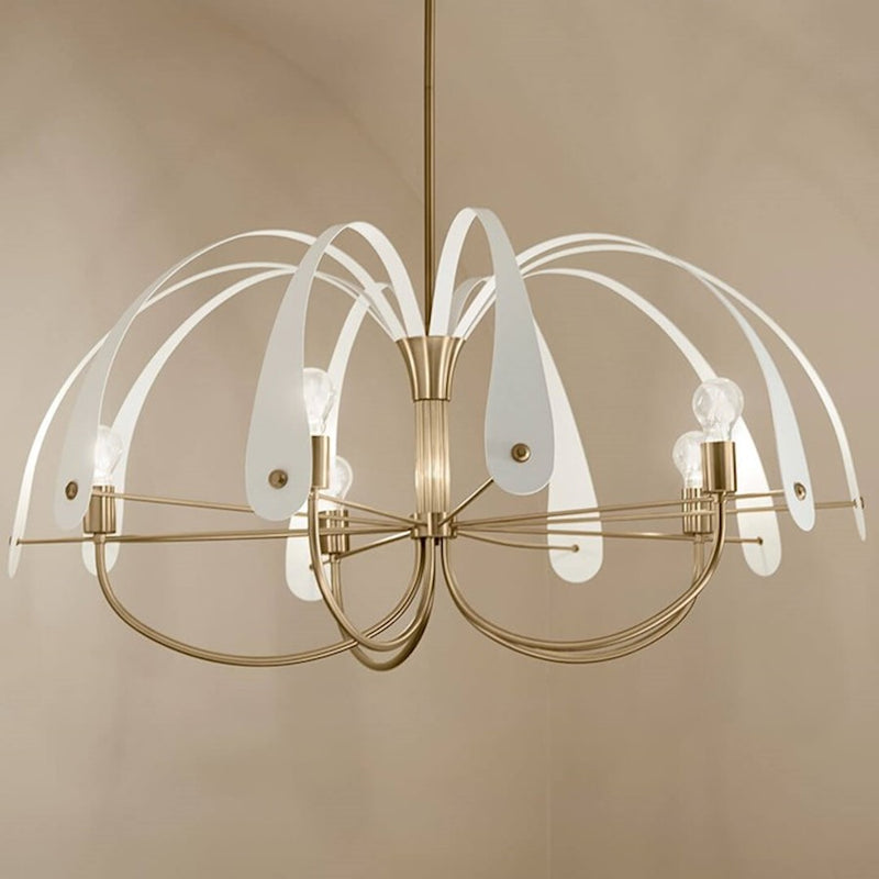Kichler Petal 43in 5-Light Chandelier | Art Deco Champagne Bronze Steel with Black/White Straps | Dining Room & Living Room | Model 52573CPZ