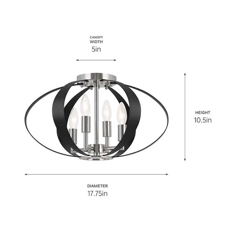 Kichler Cecil 18in 4-Light Oval Flush Mount | Mid-Century Modern Polished Nickel and Black Steel | Hallway & Bedroom | 10in H | Model 52588PN