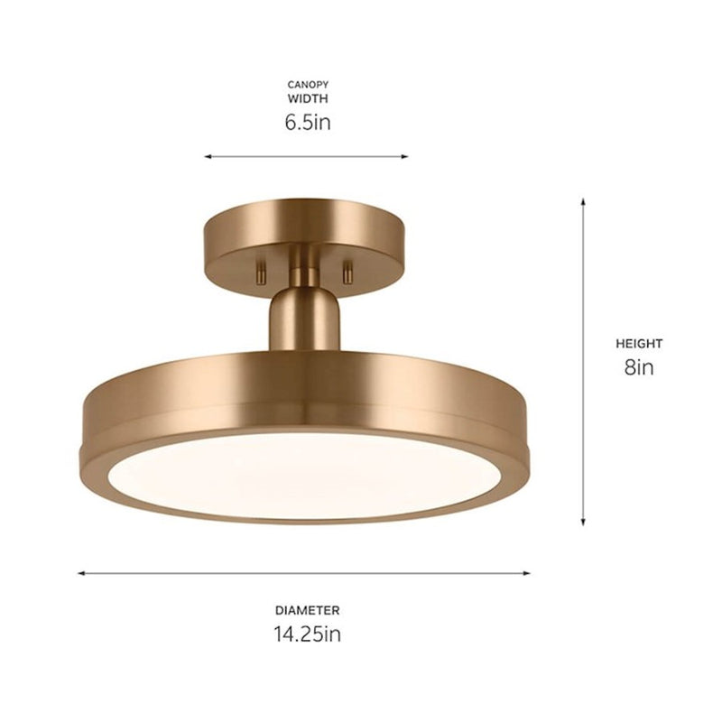 Kichler Riu 14in 1-Light LED Semi-Flush Mount | Minimalist Champagne Bronze and Opaque White | Bedroom & Hallway | 900 Lumens | Model 52589CPZ