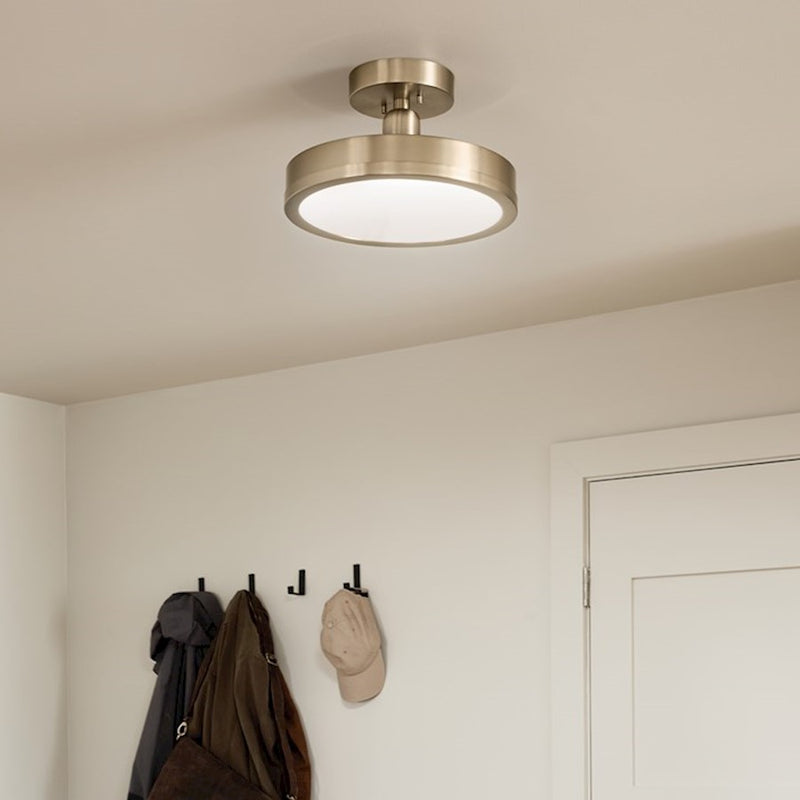 Kichler Riu 14in 1-Light LED Semi-Flush Mount | Minimalist Champagne Bronze and Opaque White | Bedroom & Hallway | 900 Lumens | Model 52589CPZ