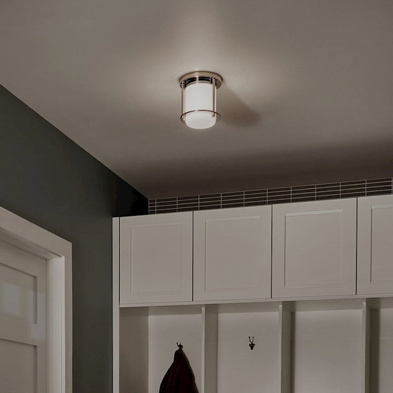 Kichler Brit 7in 1-Light Flush Mount | Polished Nickel and Satin Etched Opal Glass | Hallway & Bedroom | 7.75 in H | Model 52596PN