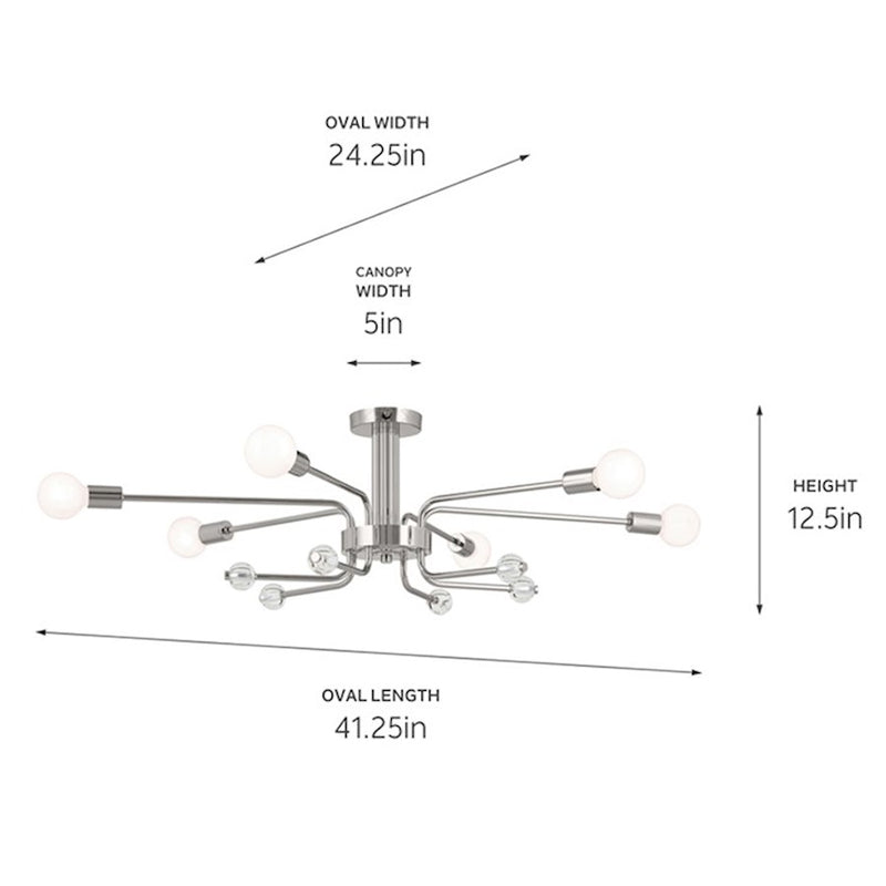 Kichler Ocala 41in 6-Light Flush Mount | Art Deco Polished Nickel and Clear Crystal | Living Room & Foyer | 24 x 41 x 12 in | Model 52602PN