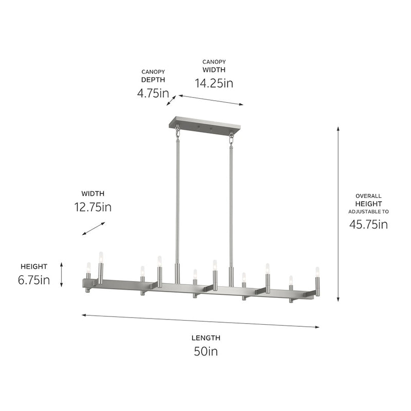 Kichler Erzo 50in 10-Light Linear Chandelier | Mid-Century Modern Satin Nickel Steel | Dining Room & Kitchen Island | Model 52614SN