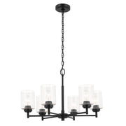 Kichler Winslow 26in 6-Light Chandelier | Industrial Black and Clear Seeded Glass | Dining Room & Kitchen Island | 16 in H | Model 52616BK