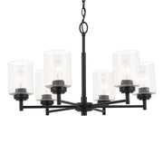 Kichler Winslow 26in 6-Light Chandelier | Industrial Black and Clear Seeded Glass | Dining Room & Kitchen Island | 16 in H | Model 52616BK