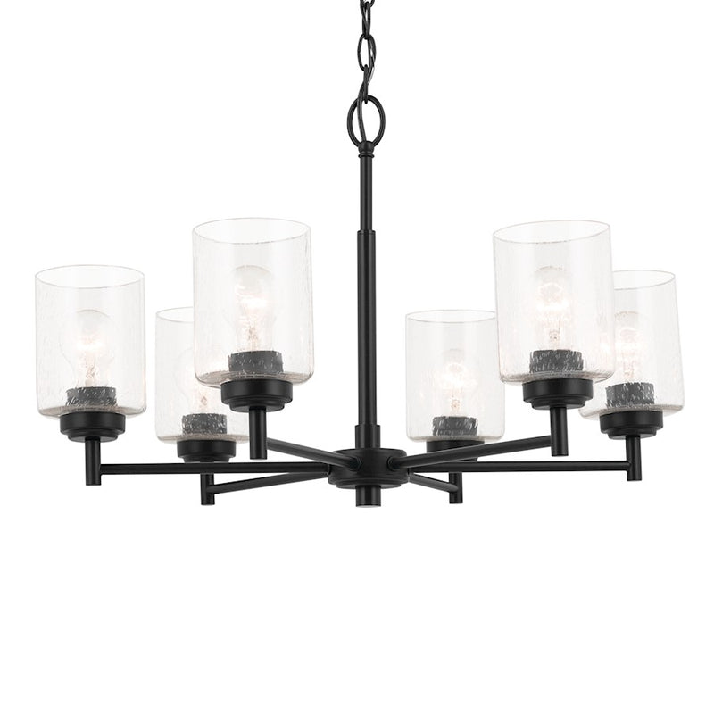 Kichler Winslow 26in 6-Light Chandelier | Industrial Black and Clear Seeded Glass | Dining Room & Kitchen Island | 16 in H | Model 52616BK
