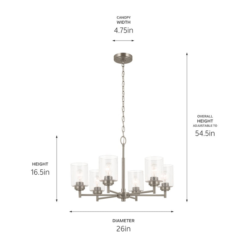 Kichler Winslow 26in 6-Light Chandelier | Industrial Brushed Nickel and Clear Seeded Glass | Dining Room & Kitchen Island | Model 52616NI