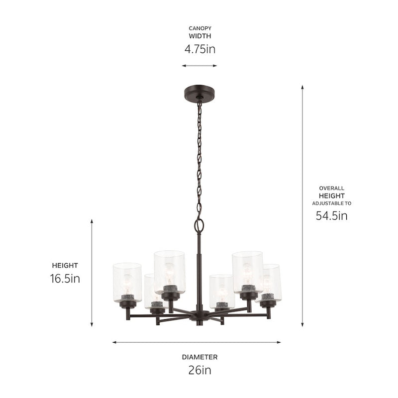 Kichler Winslow 26in 6-Light Chandelier | Industrial Olde Bronze and Clear Seeded Glass | Dining Room & Entryway | 26 x 26 x 16.5 in | Model 52616OZ