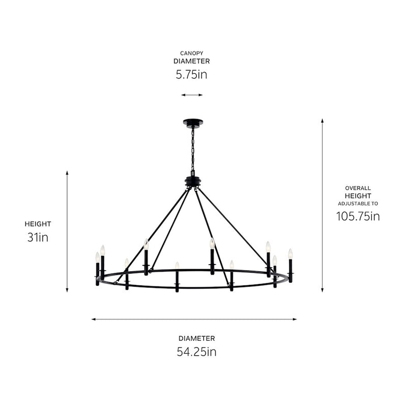 Kichler Carrick 31in 10-Light Chandelier | Traditional Black Steel | Dining Room & Living Room | 31 in H | Model 52707BK