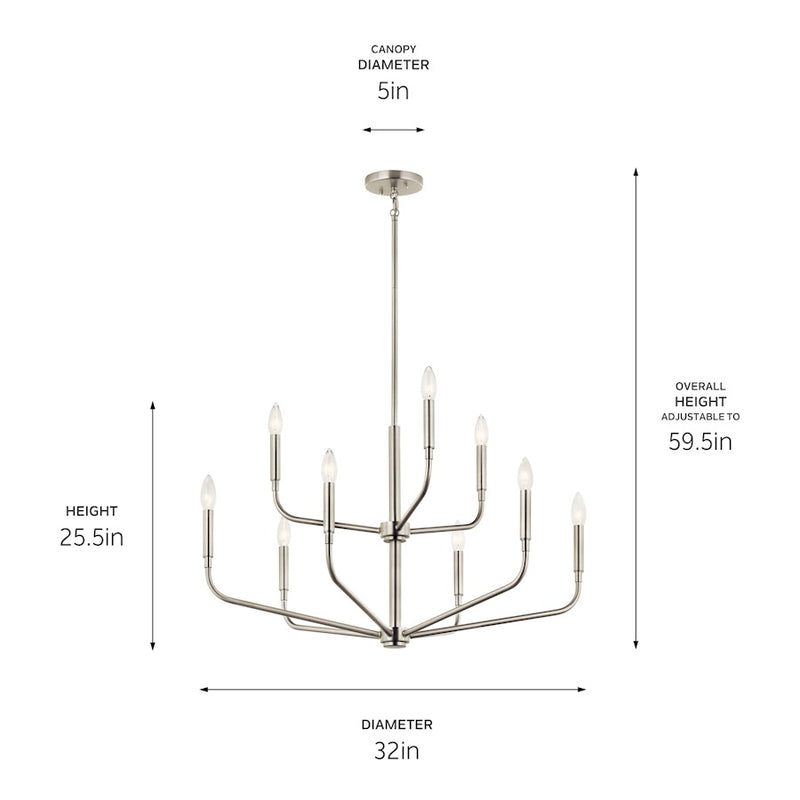 Kichler Madden 25in 9-Light 2-Tier Chandelier | Soft Modern Brushed Nickel Steel | Dining Room & Living Room | 25 in H | Model 52720NI