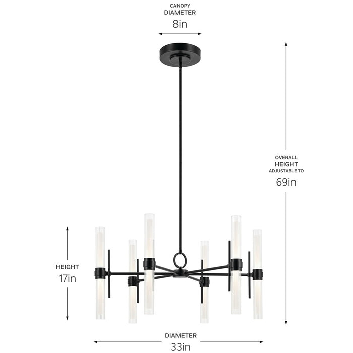 Kichler Riven 33" LED 12 Light Chandelier, Black/Clear Fluted Glass