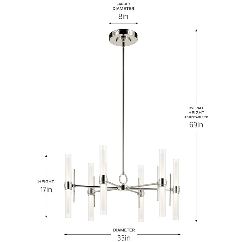 Kichler Riven 33" LED 12 Light Chandelier, Nickel/Clear Fluted