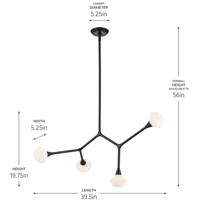 Kichler Cassius 39.5" 4 Light Convertible Chandelier, Black/Opal Glass