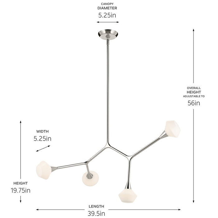Kichler Cassius 39.5" 4 Light Convertible Chandelier, Nickel/Opal