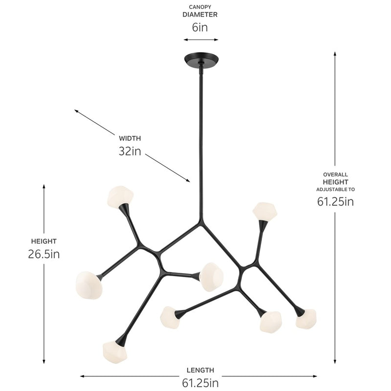 Kichler Cassius 61in 8-Light Convertible Chandelier | Modern Black Steel and Opal Glass | Dining Room & Living Room | 32 x 61 x 26 in | Model 52764BK