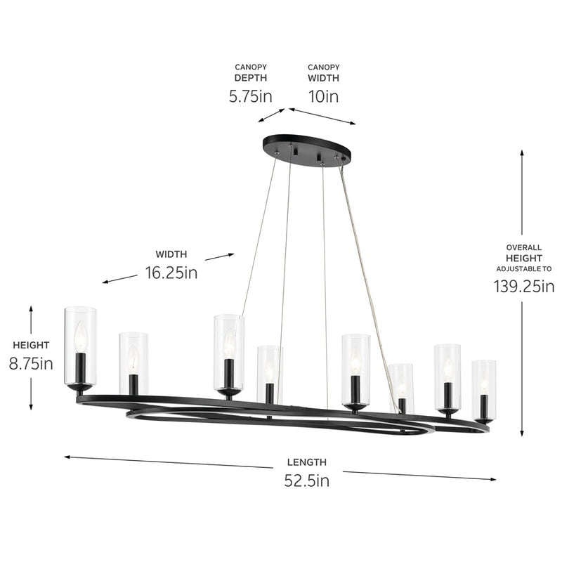 Kichler Harpin 52.5" 8Lt Linear Chandelier/Oval Pendant, Black/Clear