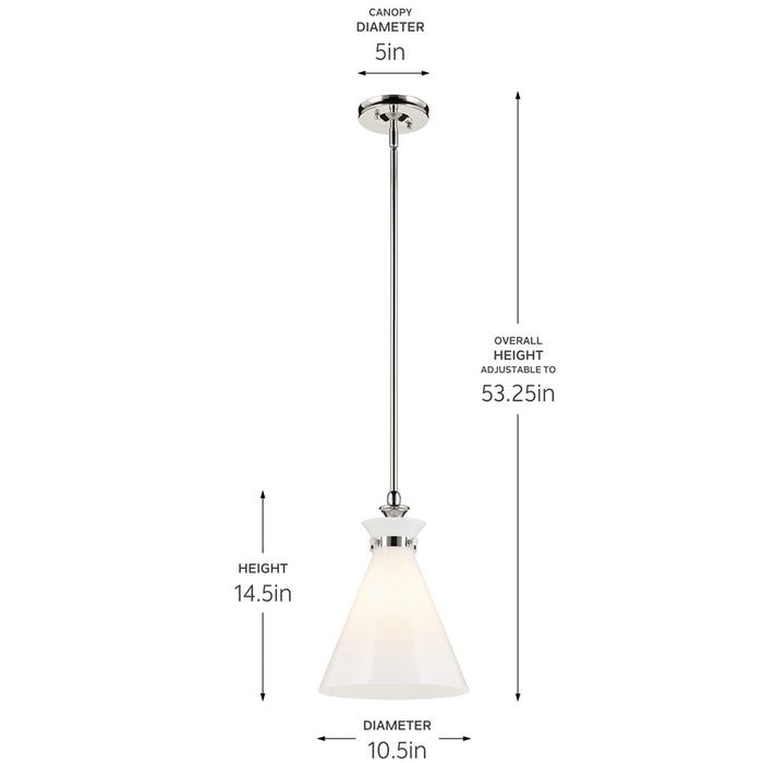 Kichler Laria 10.5" 1 Light Pendant, Polished Nickel/Opal Glass