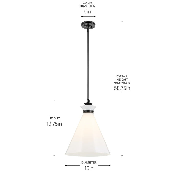 Kichler Laria 16" 1 Light Pendant, Black/Opal Glass