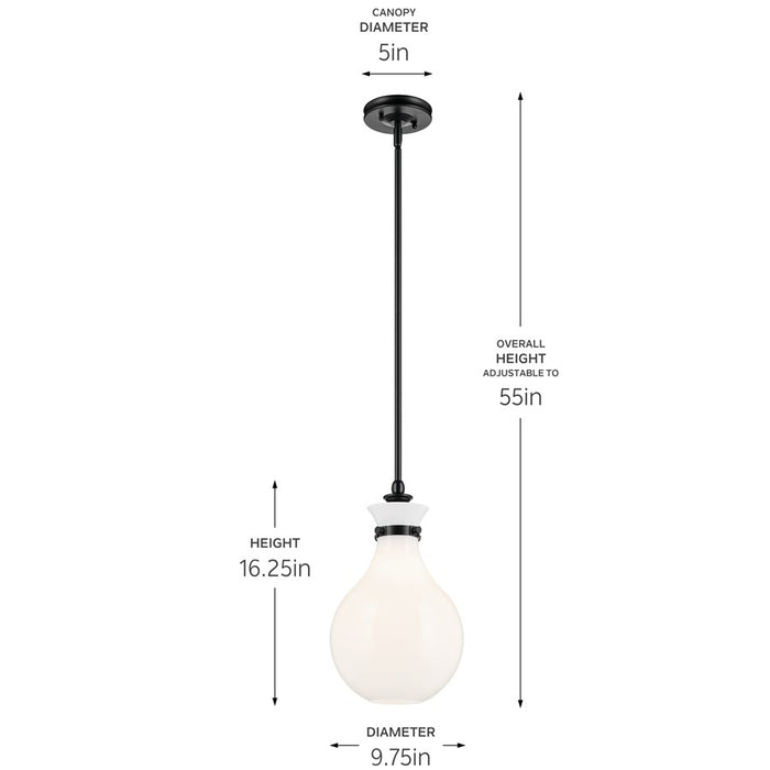 Kichler Laria 9.75" 1 Light Pendant, Black/Opal Glass