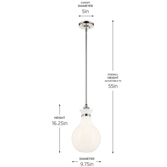 Kichler Laria 9.75" 1 Light Pendant, Polished Nickel/Opal Glass