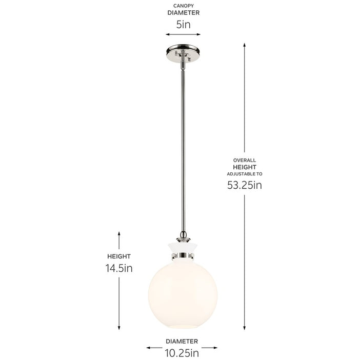 Kichler Laria 10.25" 1 Light Pendant, Polished Nickel/Opal Glass