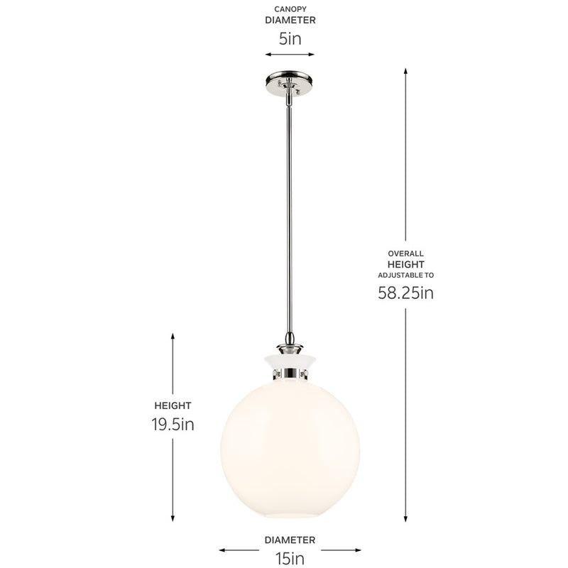 Kichler Laria 15" 1 Light Pendant, Polished Nickel/Opal Glass