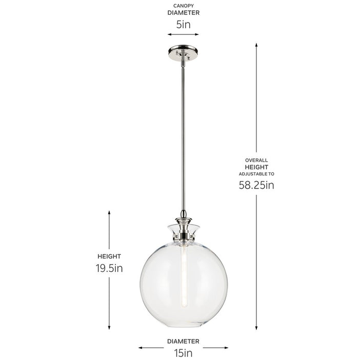 Kichler Laria 15" 1 Light Pendant, Polished Nickel/Clear Glass