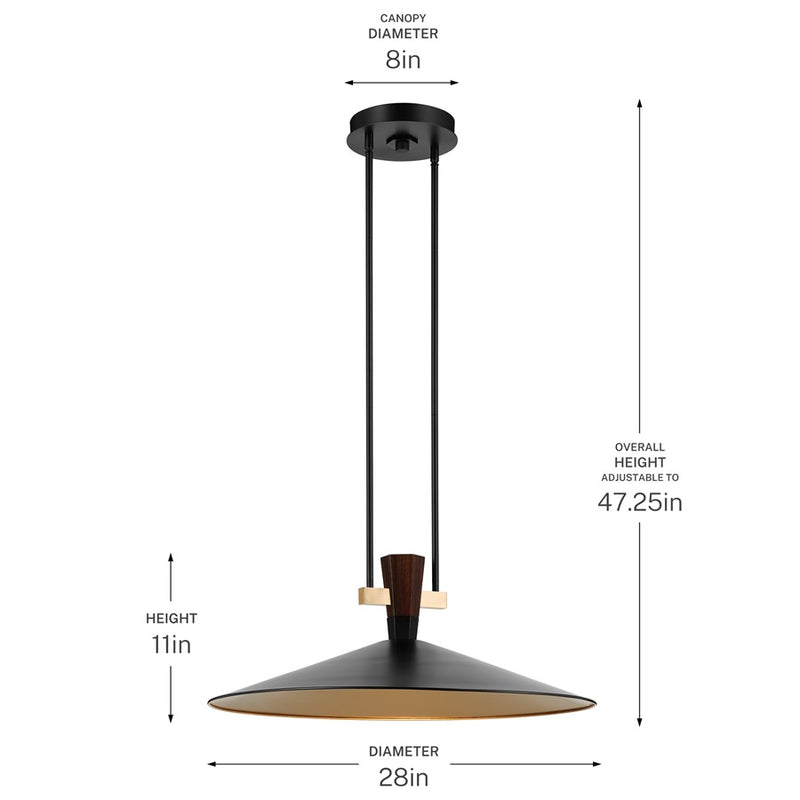 Kichler Tenon 28in 1-Light LED Pendant | Industrial Black Steel and Walnut | Kitchen Island & Dining Room | 11 in H | Model 52833BKLED