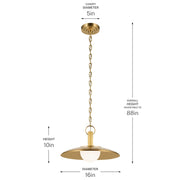 Kichler Kurio 16in 1-Light Pendant | Modern Lacquered Brass and Etched Opal Glass | Dining Room & Kitchen Island | 16 x 16 x 10 in | Model 52834LBR