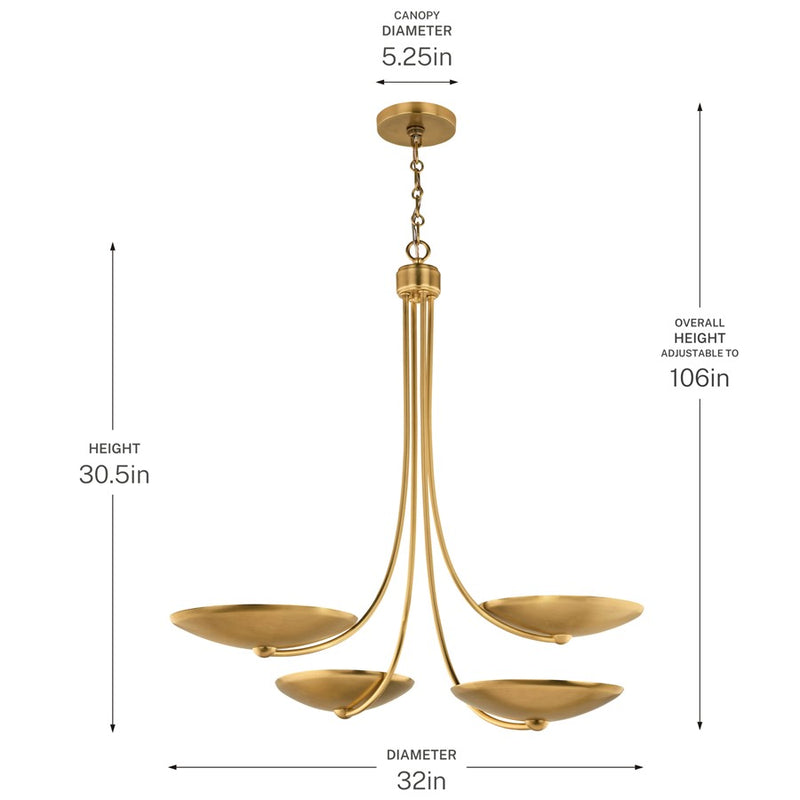 Kichler Palmela 32in 4-Light Chandelier | Modern Lacquered Brass and Metal Shade | Dining Room & Living Room | 30.5 in H | Model 52855LBR