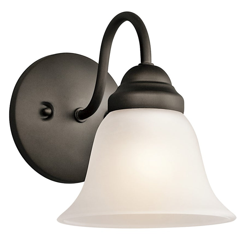 Kichler Wynberg 6in 1-Light Wall Sconce | Transitional Olde Bronze and Satin Etched Glass | Hallway & Bathroom | 6 x 8.5 x 7.5 in | Model 5294OZ
