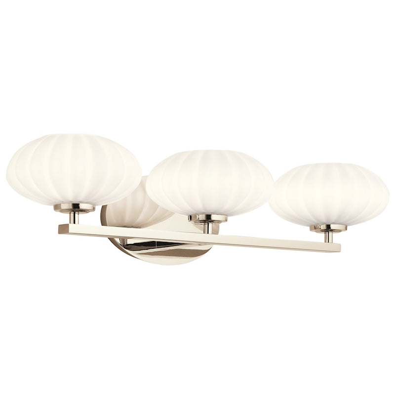 Kichler Pim 34in 4-Light Vanity Light | Mid-Century Modern Polished Nickel and Satin Etched Opal Glass | Bathroom Vanity | Model 55026PN