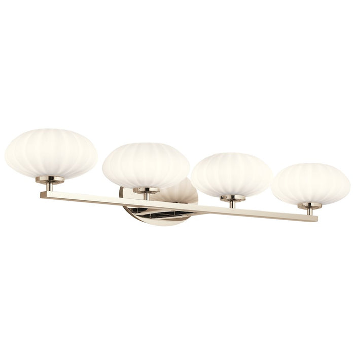 Kichler Pim 34in 4-Light Vanity Light | Mid-Century Modern Polished Nickel and Satin Etched Opal Glass | Bathroom Vanity | 34 x 6 x 8.5 in | Model 55026PN