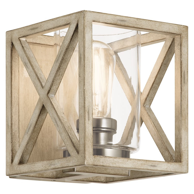 Kichler Moorgate 7in 1-Light Wall Sconce | Lodge Distressed Antique White Steel with Clear Glass | Hallway & Bedroom Accent | Model 55063DAW