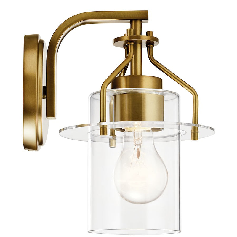 Kichler Everett 1-Light Wall Sconce | Industrial Brushed Brass and Clear Glass | Bedroom & Hallway Accent | 6.5 x 9.25 in | Model 55077NBR