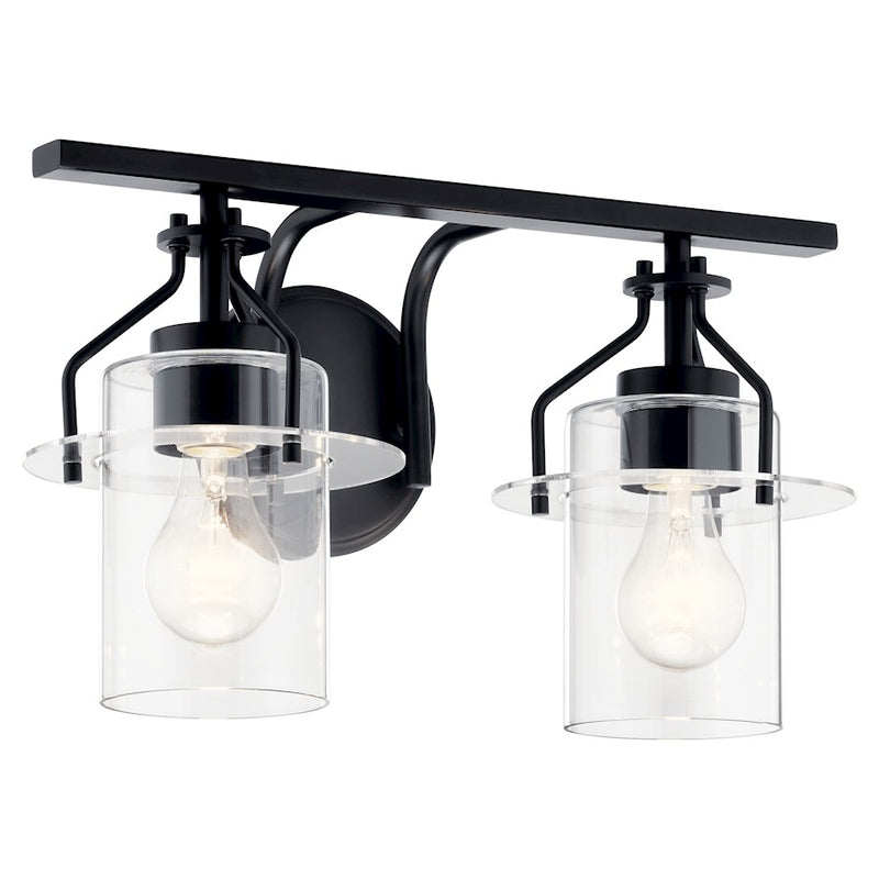 Kichler Everett 16in 2-Light Vanity Light | Industrial Black & Clear Glass | Bathroom Vanity Light | 75W Each, Incandescent, Damp Rated | Model 55078BK