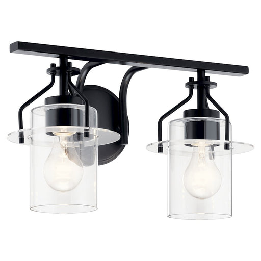 Kichler Everett 16in 2-Light Vanity Light | Industrial Black & Clear Glass | Bathroom Vanity Light | 75W Each, Incandescent, Damp Rated | Model 55078BK