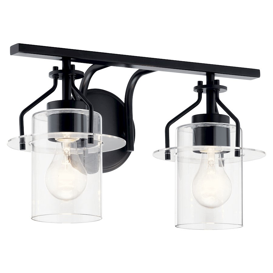 Kichler Everett 16in 2-Light Vanity Light | Industrial Black & Clear Glass | Bathroom Vanity Light | 75W Each, Incandescent, Damp Rated | Model 55078BK