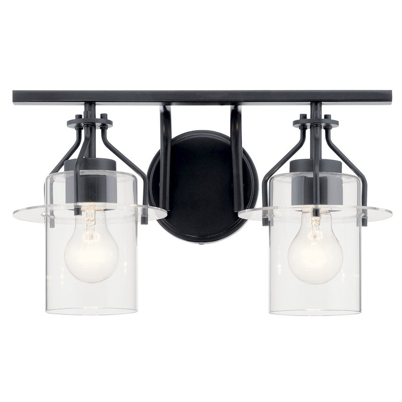 Kichler Everett 16in 2-Light Vanity Light | Industrial Black & Clear Glass | Bathroom Vanity Light | 75W Each, Incandescent, Damp Rated | Model 55078BK
