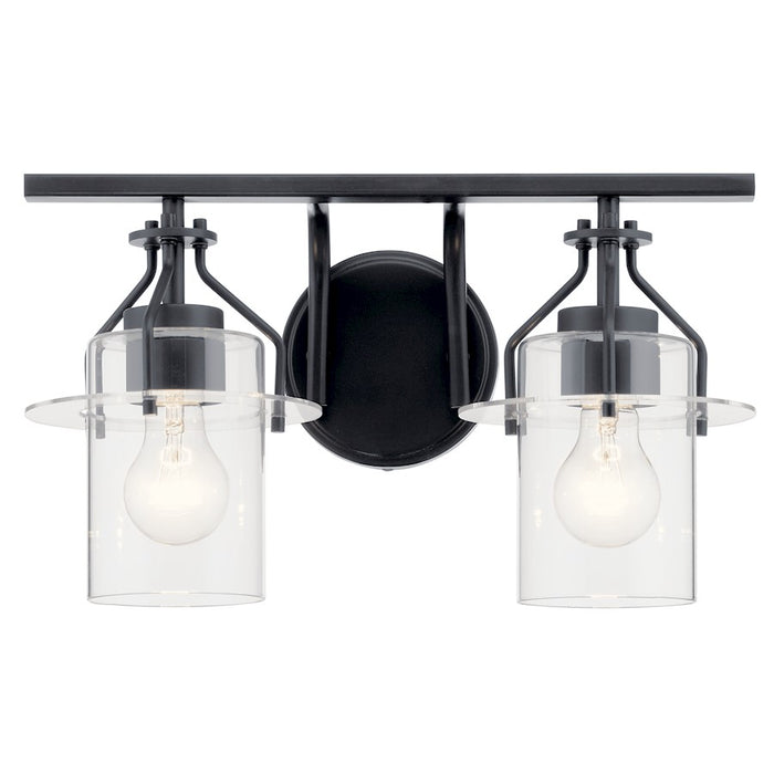 Kichler Everett 16in 2-Light Vanity Light | Industrial Black & Clear Glass | Bathroom Vanity Light | 75W Each, Incandescent, Damp Rated | Model 55078BK