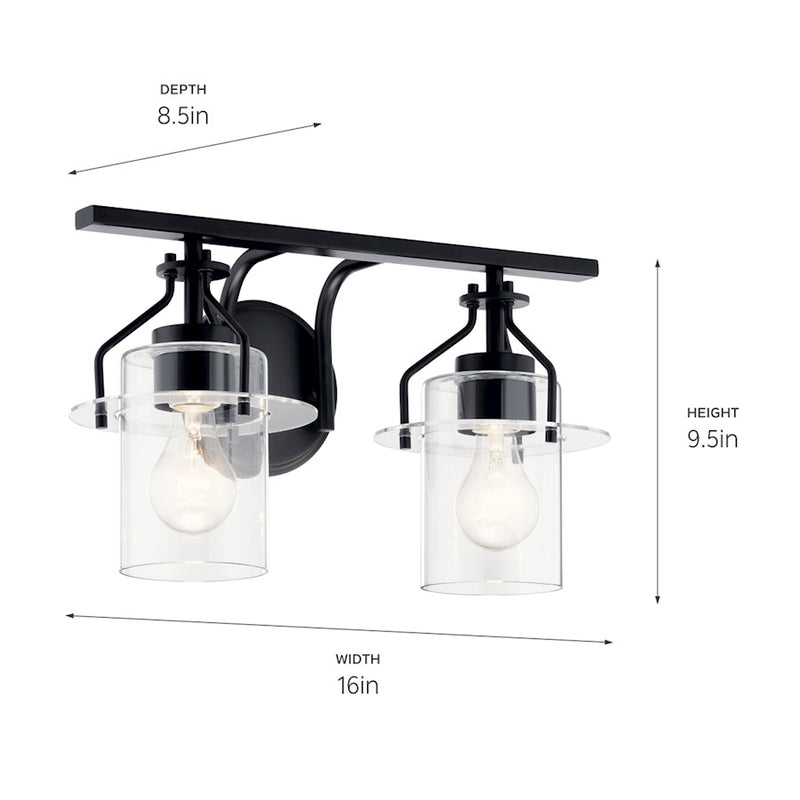 Kichler Everett 16in 2-Light Vanity Light | Industrial Brushed Brass and Clear Glass | Bathroom Vanity | 16 x 9.5 in | Model 55078NBR
